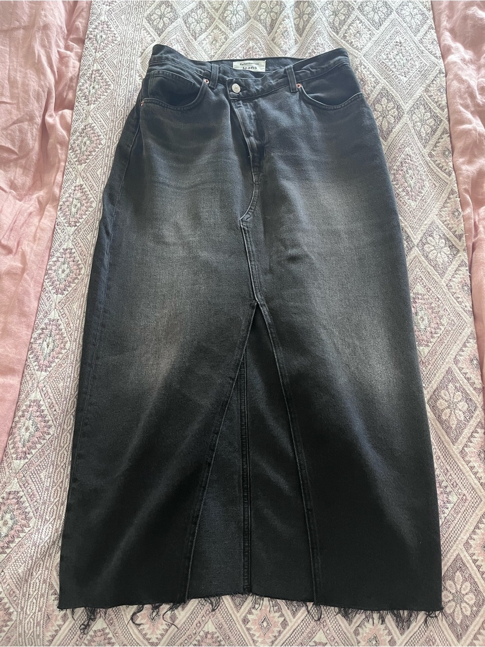 Reformation Black Denim Midi Skirt with Front Slit - Picture 3 of 8